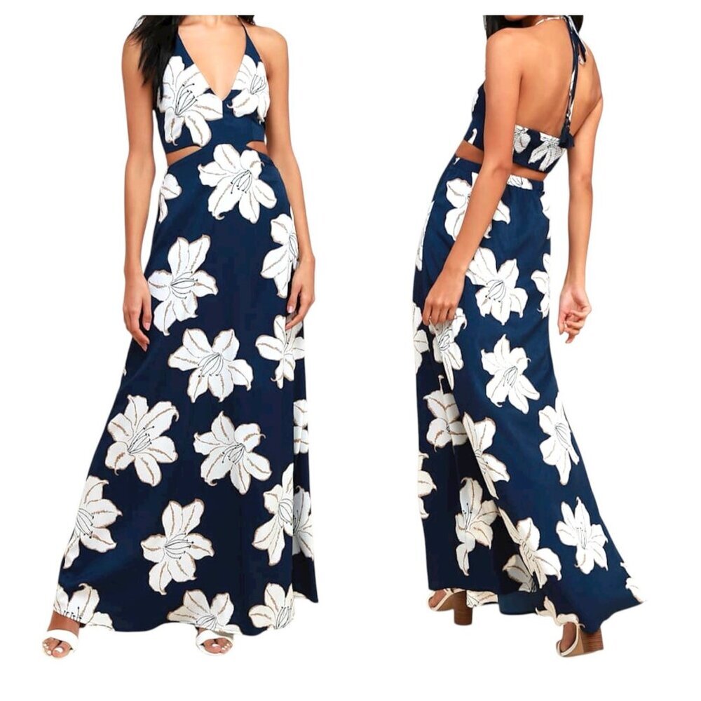 Lulus Bianca Navy Floral Print Backless Halter Spring Cottage Maxi Dress Medium